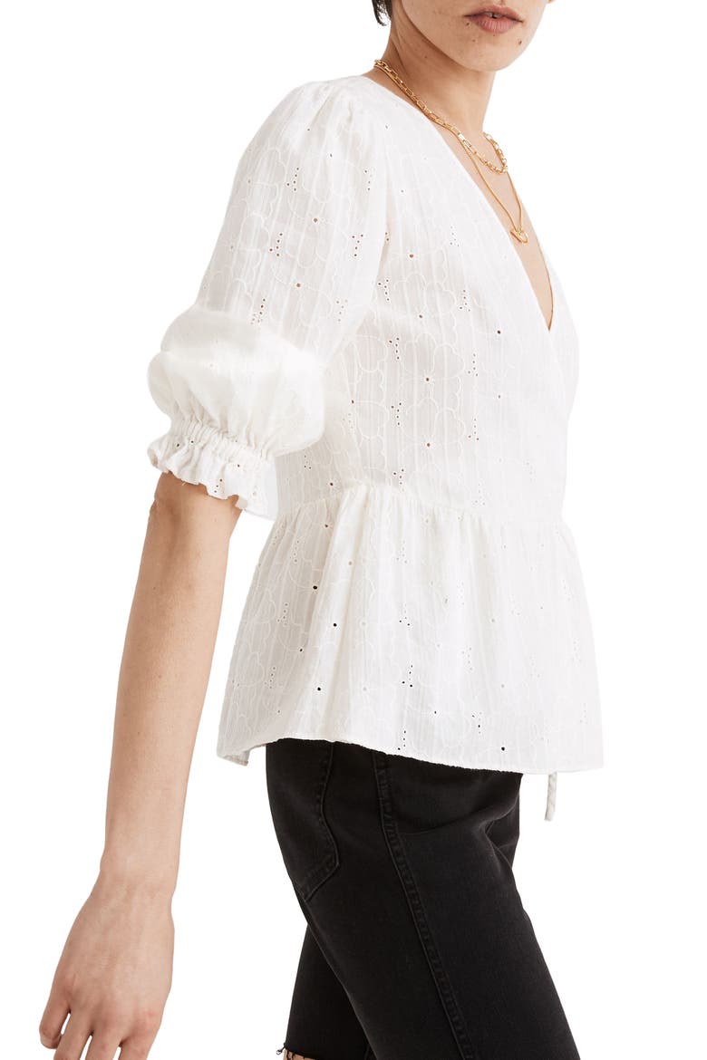 Embroidered Eyelet Puff Sleeve Peplum Wrap Top, Main, color, LIGHTHOUSE