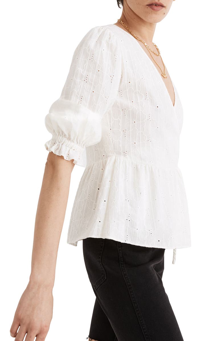 Madewell Embroidered Eyelet Puff Sleeve Peplum Wrap Top, Main, color, 