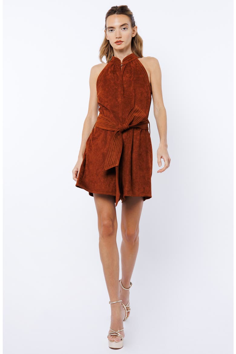 Louise Tie Waist Faux Suede Romper, Alternate, color, BROWN