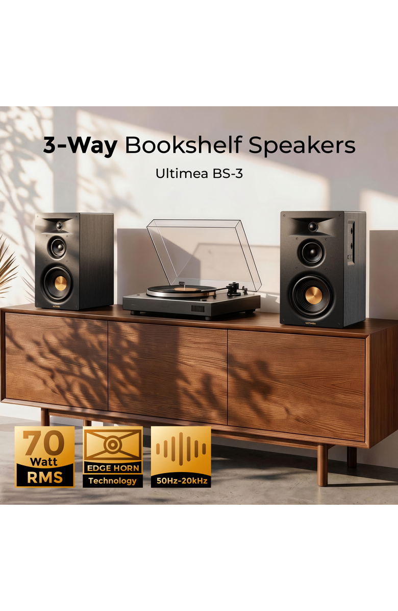 Ultimea BS-3 3-Way Bluetooth Bookshelf Speakers with HDMI ARC, 70W RMS, 5.25" Woofer, App Control, Alternate, color, Black