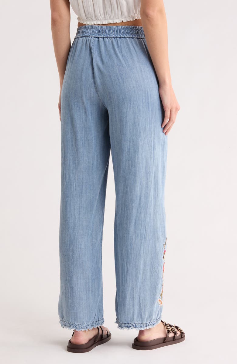 T Tahari Floral Embroidered Chambray Pull-On Pants, Alternate, color, Washed Denim Embroidery