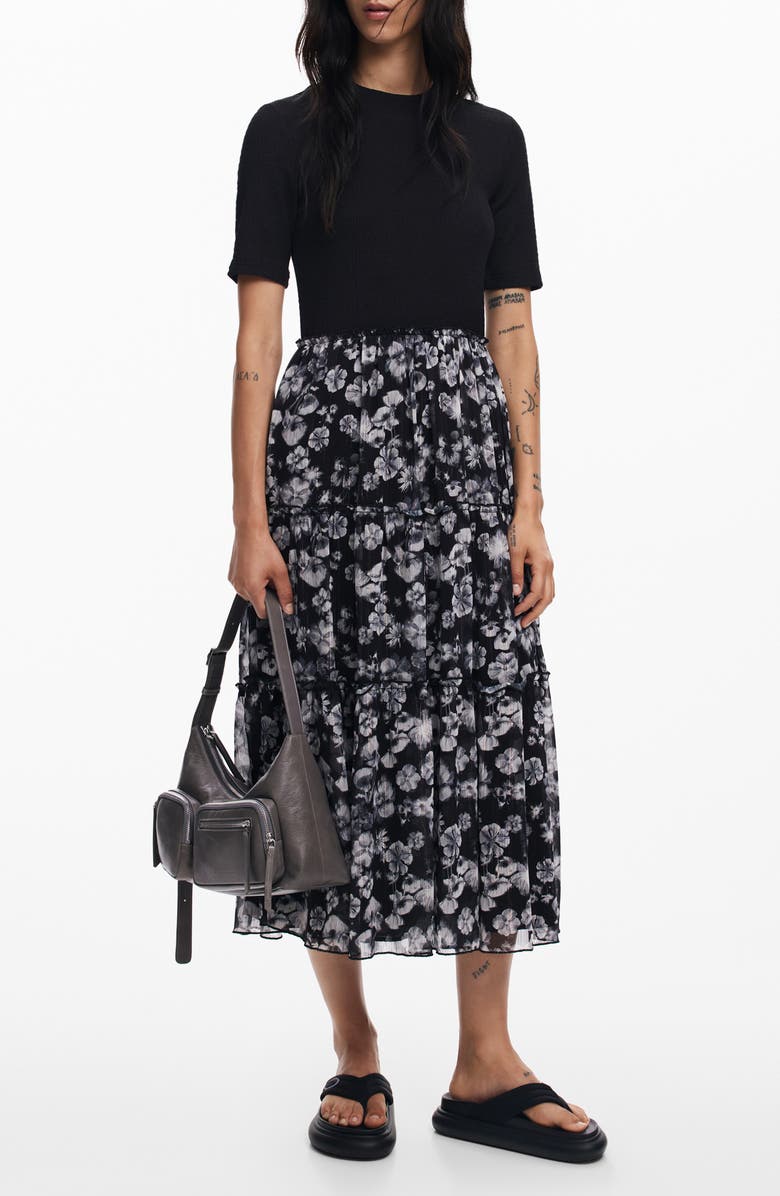 Desigual Indianapolis Metallic Floral Print Mixed Media Dress, Main, color, 