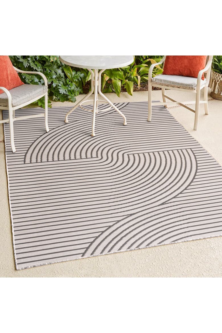 Arielle Mid-Century Modern Curve Stripe Reversible Machine-Washable Indoor/Outdoor Area Rug, Alternate, color, Dark Gray/Cream