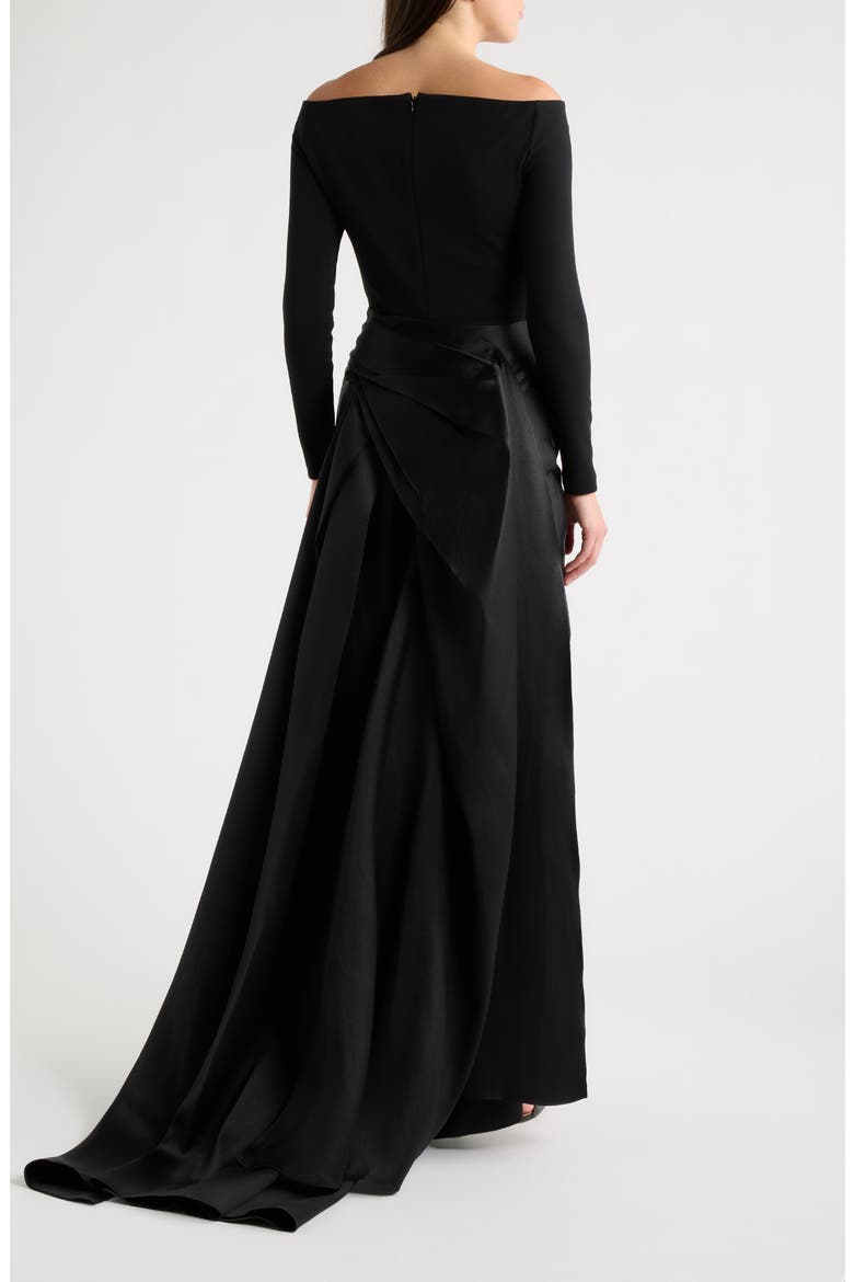 Winslow Off the Shoulder Long Sleeve Crepe & Satin Gown, Alternate, color, BLACK