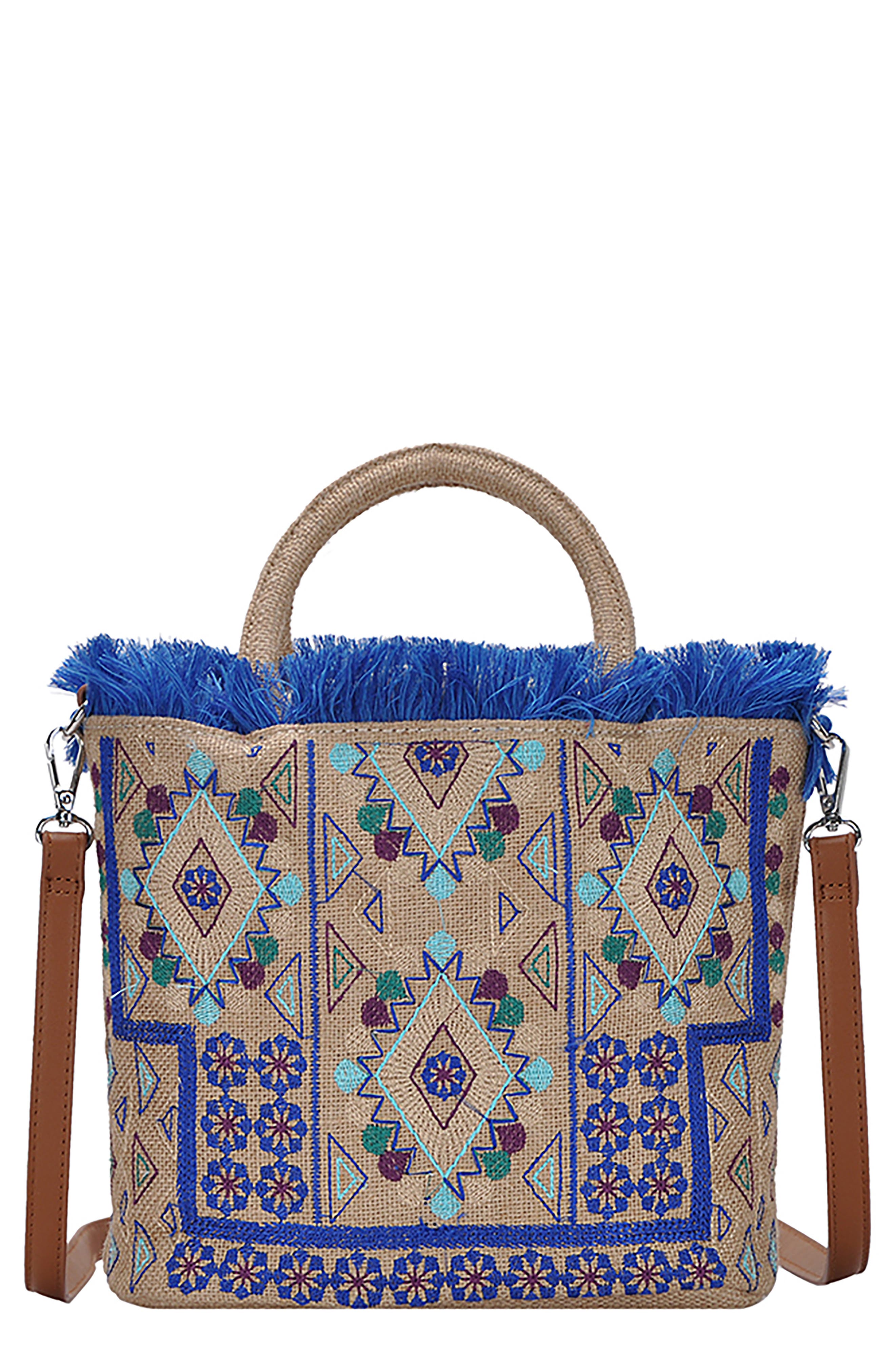 Embroidered Straw Tote, Main, color, BLUE