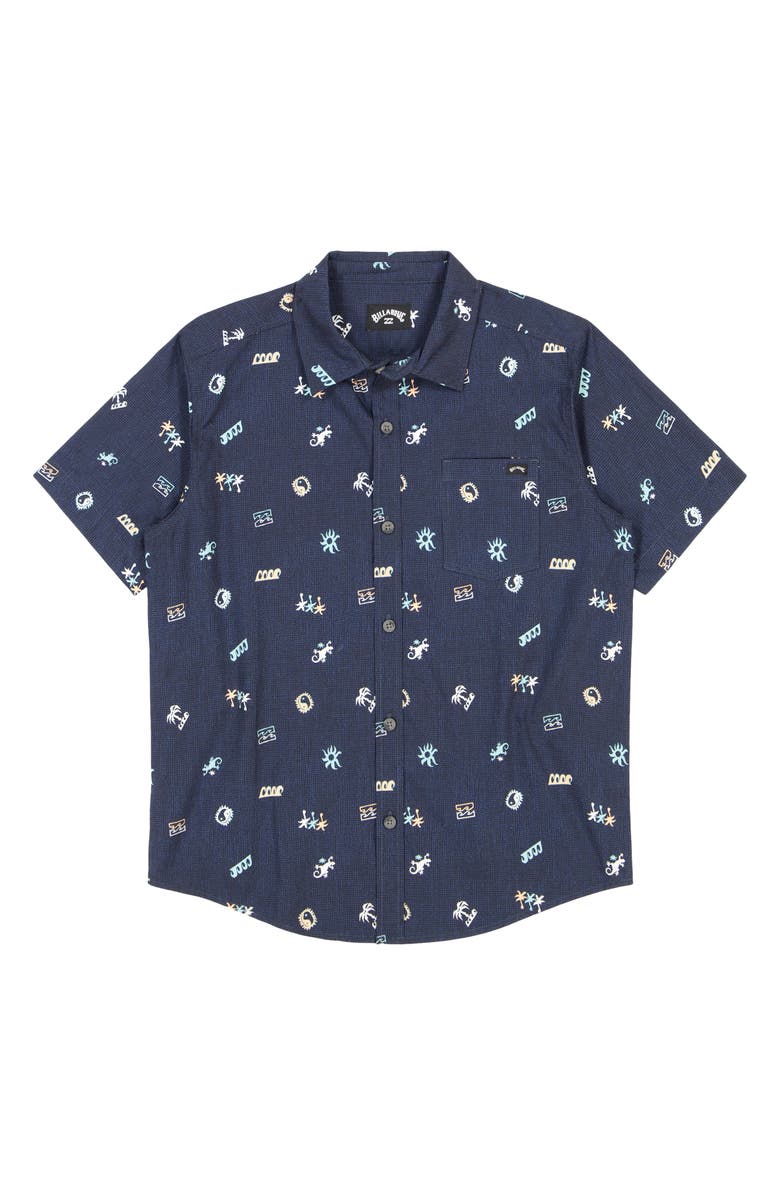 Billabong Kids' Sundays Mini Short Sleeve Button-Up Shirt, Main, color, Dark Navy