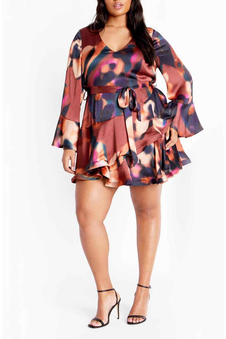 Cherrie Tie Belt Long Sleeve Satin Minidress, Main, color, ILLUSION