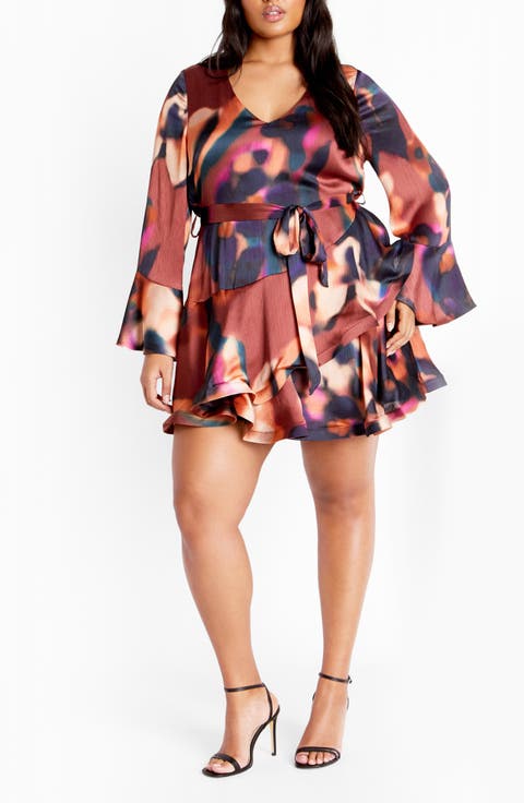 Cherrie Tie Belt Long Sleeve Satin Minidress (Plus)