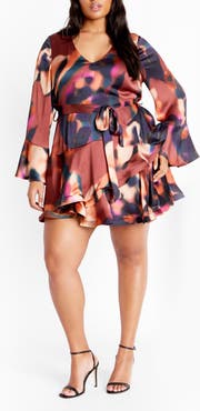 City Chic Cherrie Tie Belt Long Sleeve Satin Minidress
