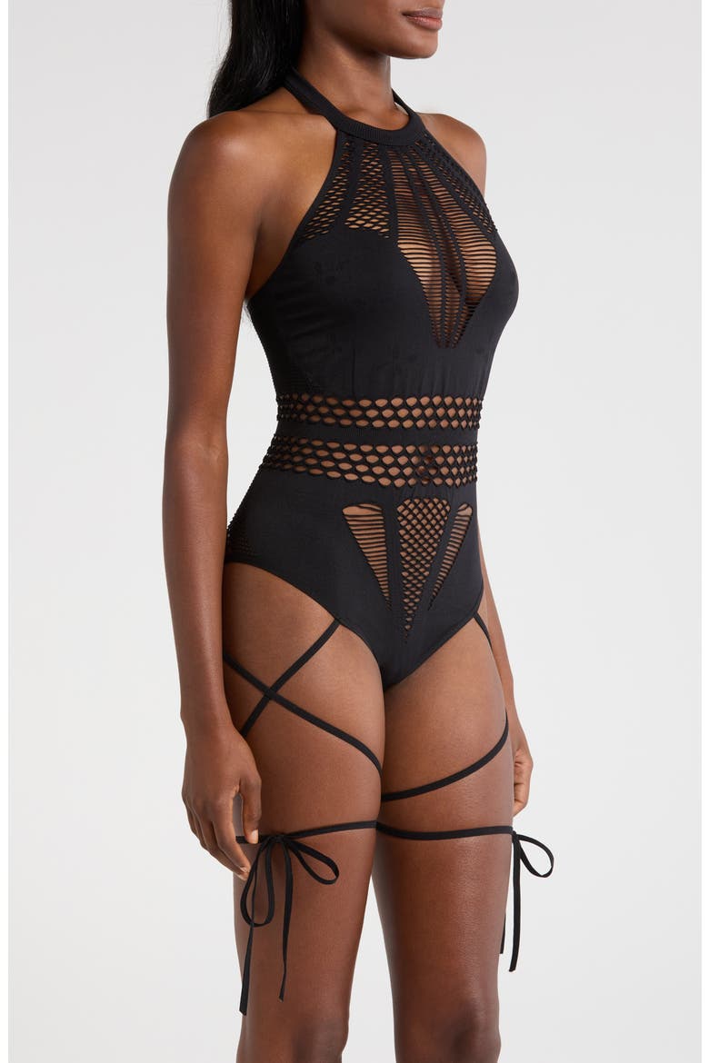 Set Me Free Sleeveless Lace-Up Fishnet Teddy, Alternate, color, BLACK