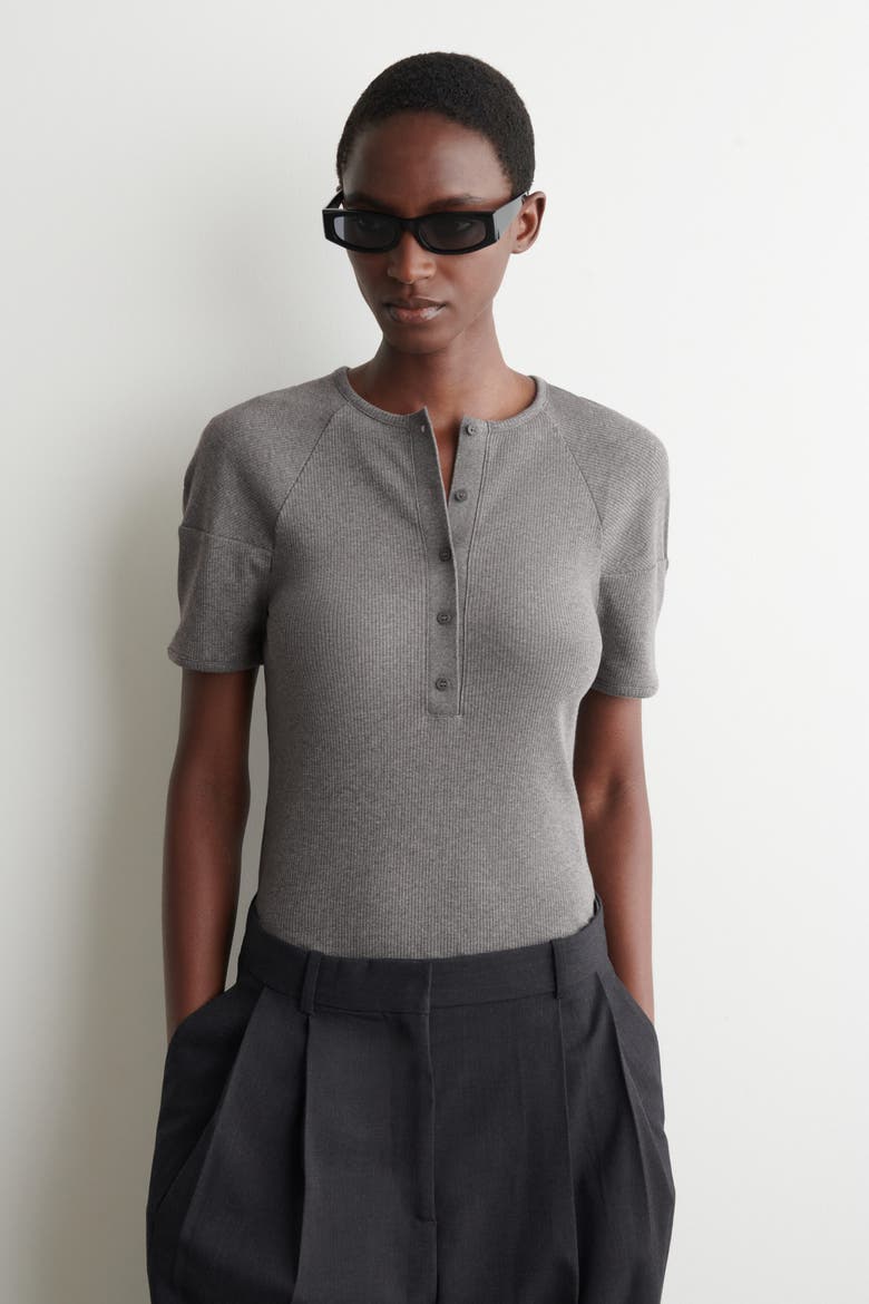 Rounded Ribbed Jersey Henley Top, Main, color, GRAY MÉLANGE