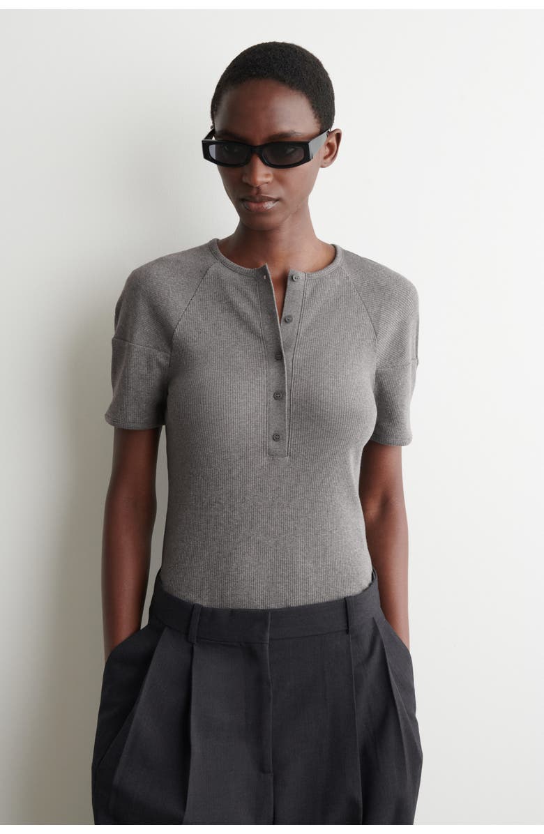 COS Rounded Ribbed Jersey Henley Top, Main, color, Gray Mélange