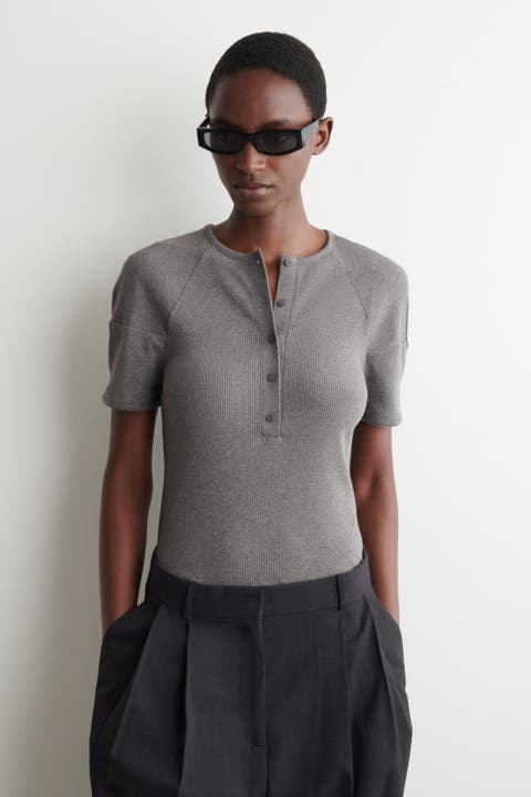 Rounded Ribbed Jersey Henley Top