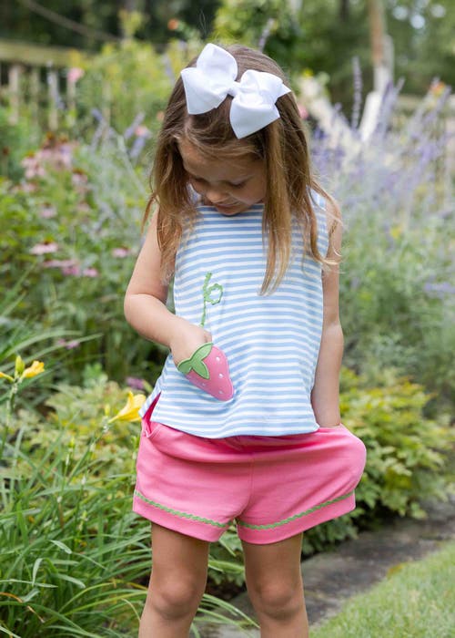 Florence Eiseman Stripe Knit Short Set With Strawberry Pocket In Blue