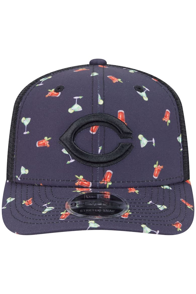 Men's New Era Black Cincinnati Reds Adventure Drinks Pattern 9SEVENTY Stretch-Snap Hat, Alternate, color, Navy