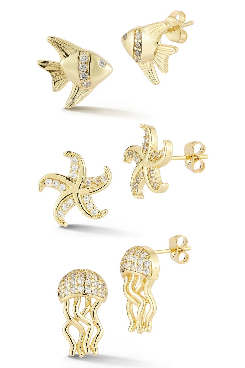 Set of 3 Cubic Zirconia Sea Life Stud Earrings, Main, color, GOLD