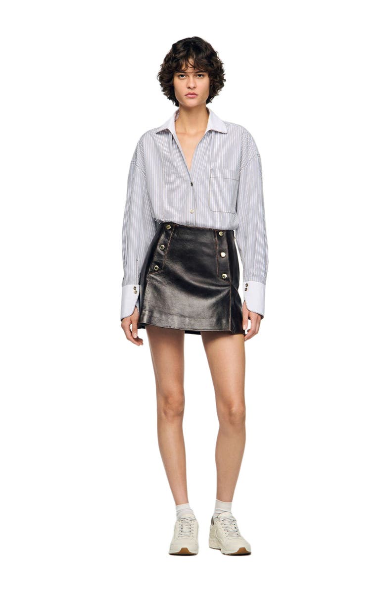 SANDRO Short aged leather skirt, Alternate, color, Brown