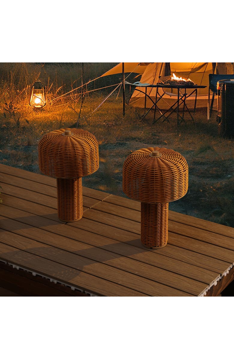 JONATHAN Y 10" Indoor/Outdoor Wicker Rechargeable/Cordless Dimmable LED Table Lamp, Alternate, color, Light Brown Brown
