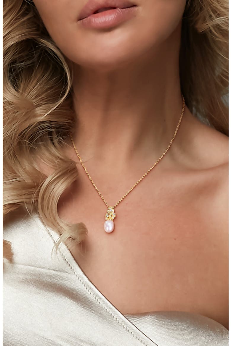 Sterling Silver Lab Created White Sapphire & Imitation Pearl Floral Pendant Necklace, Alternate, color, WHITE GOLD