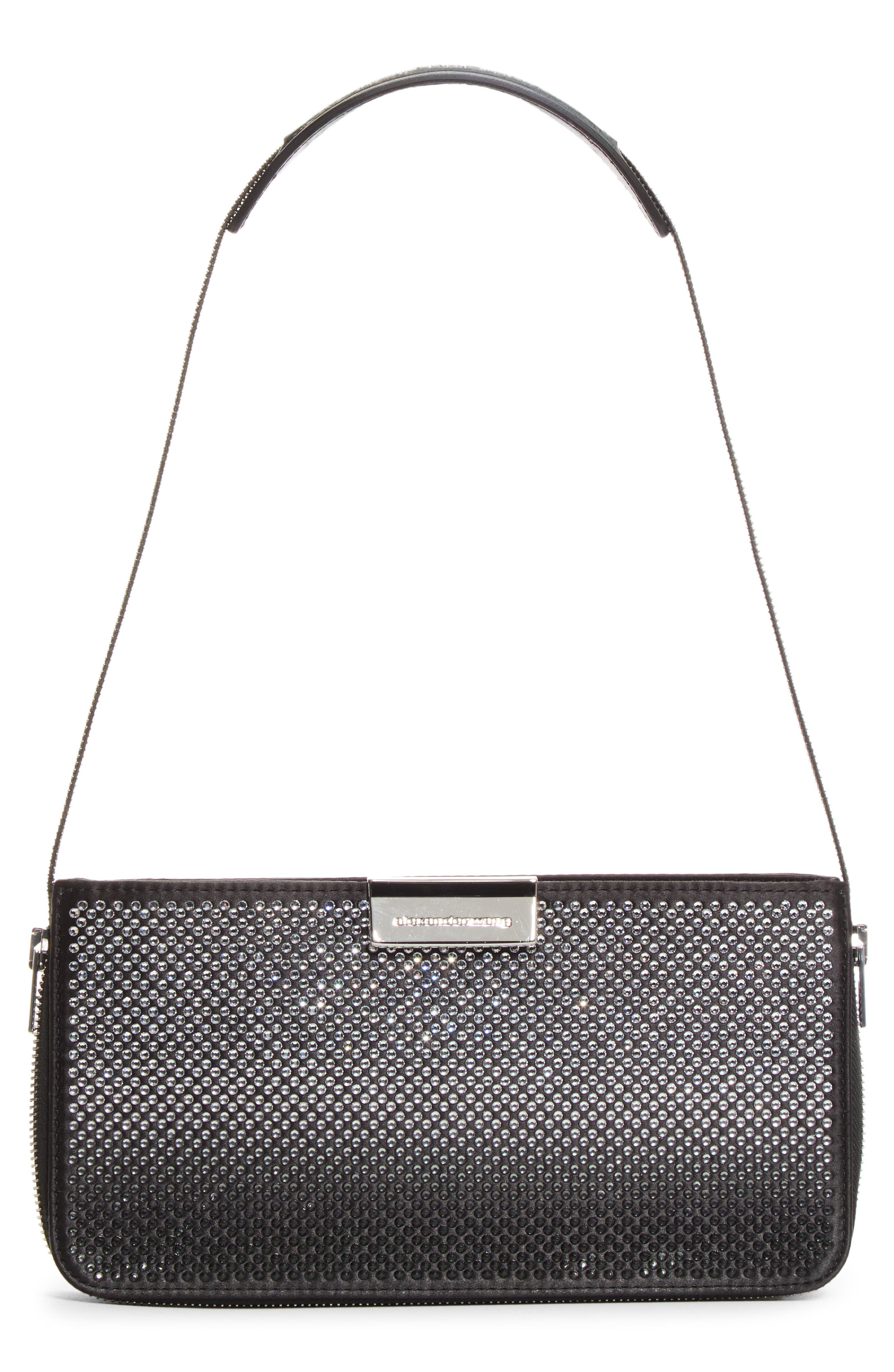 Siren Pochette Studded Satin Shoulder Bag, Main, color, BLACK