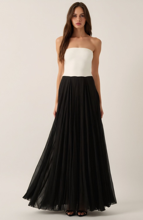Modenaire Strapless Two-tone Gown With Fitted Bodice And Tulle Skirt In Black