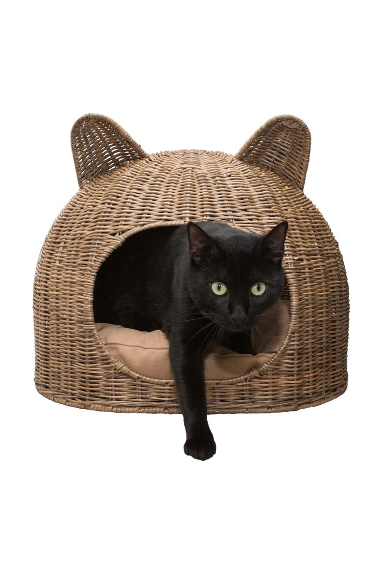 Cat Ear Water Hyacinth Pet Bed with Machine-Washable Cushion, Main, color, Natural