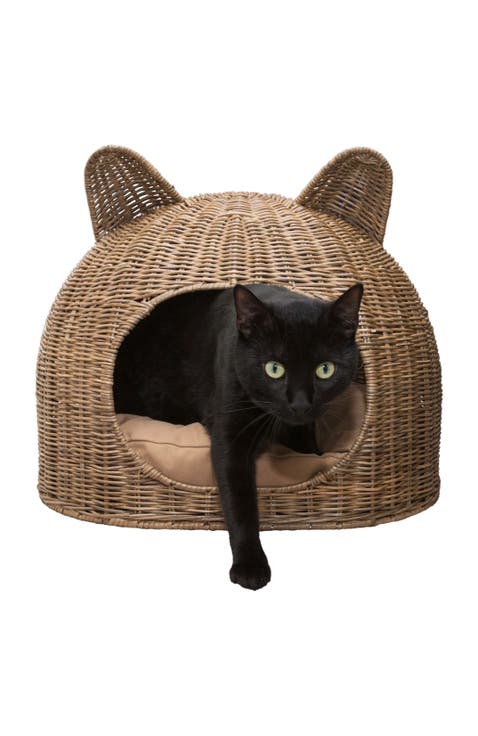 Cat Ear 20" x 14.5" Coastal Handwoven Rattan Pet Bed with Machine-Washable Cushion