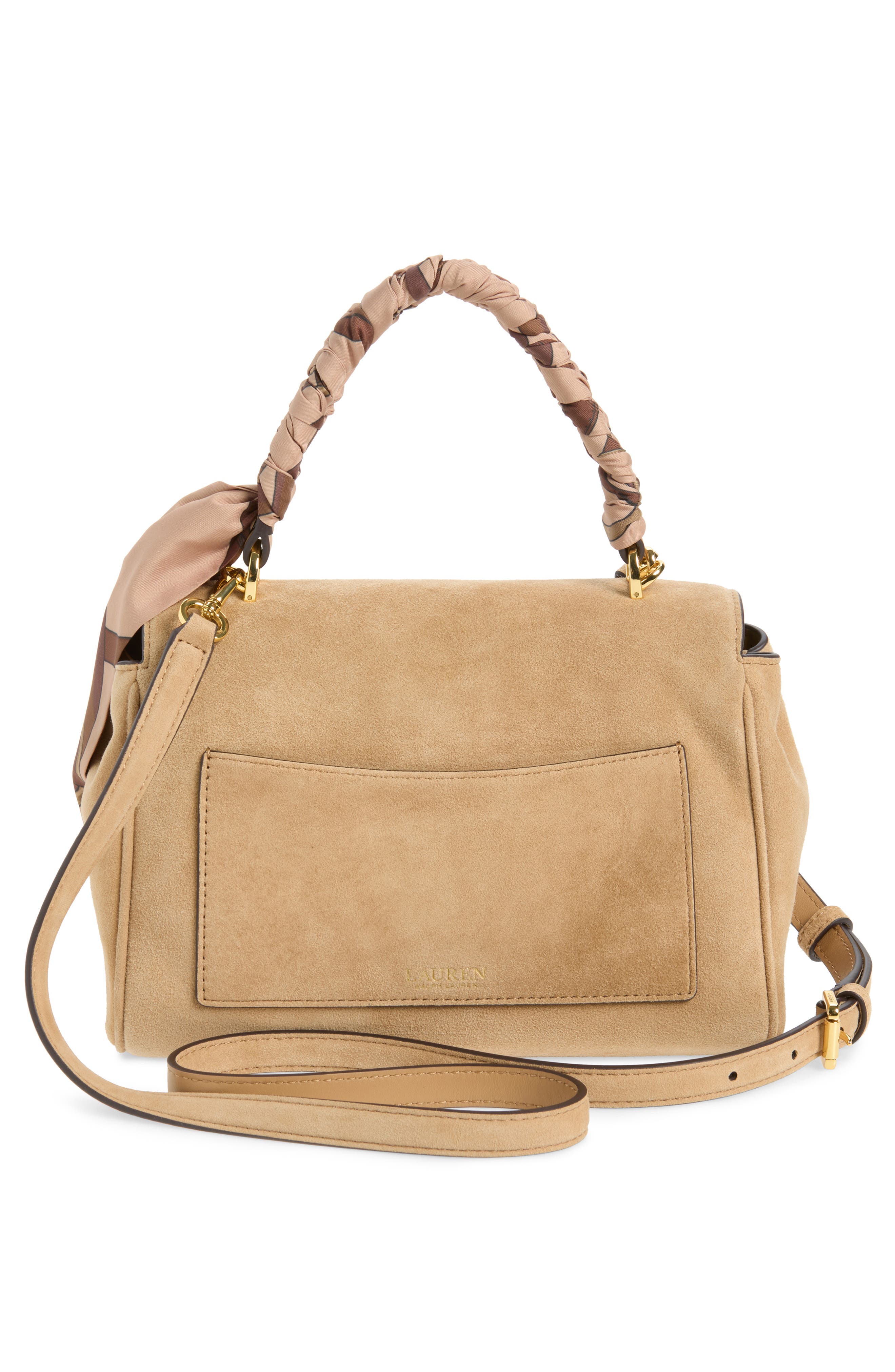 Small Farrah Scarf Wrapped Suede Satchel, Alternate, color, CAMEL/ URBAN BLTNG/ CAMEL