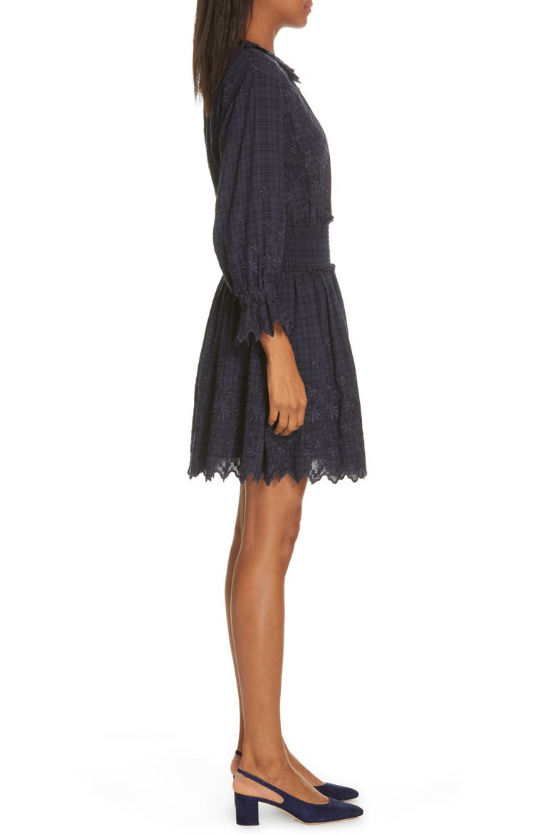 Embroidered Check Print Dress, Alternate, color, MIDNIGHT NAVY