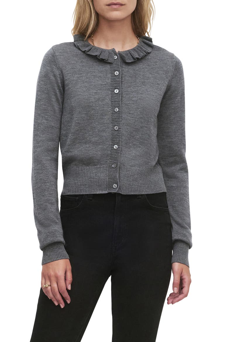 The Meet the Parents Ruffle Neck Wool Cardigan, Main, color, HEATHER GREY