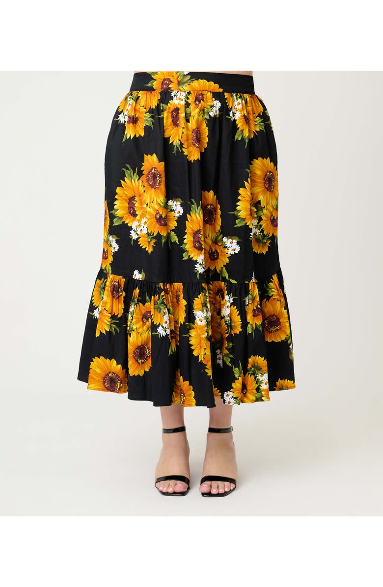 Unique Vintage Plus Size 1950s Tiered Midi Skirt, Alternate, color, Black Sunflower Print