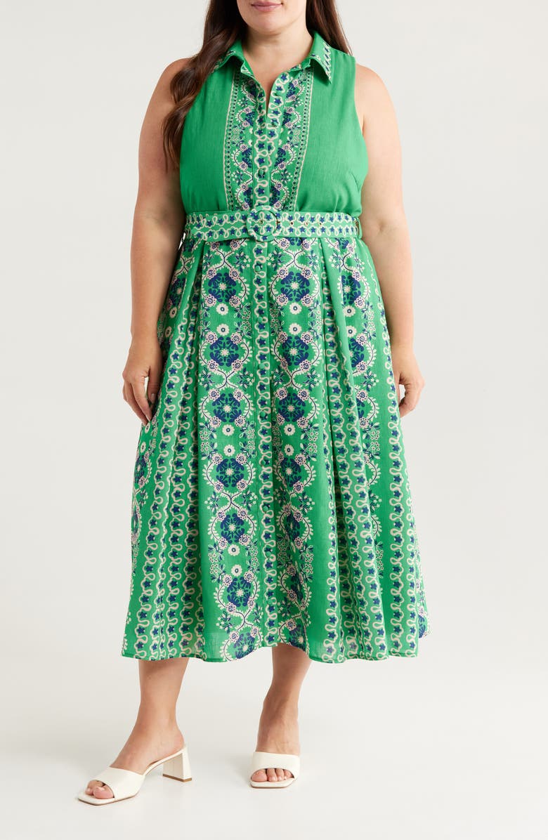 CIEBON Leena Sleeveless Belted Shirtdress, Main, color, Green Multi