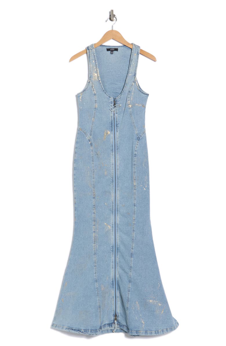 AFRM LOS ANGELES Kadence Seamed Zip Denim Dress, Alternate, color, Denim Gold Metallic