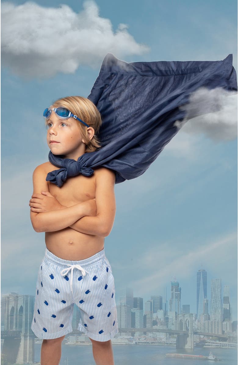 NESSI BYRD Pineapple Embroidery Striped Drawstring Swim Trunks, Toddler, Little Kid & Big Kid, Alternate, color, Blue