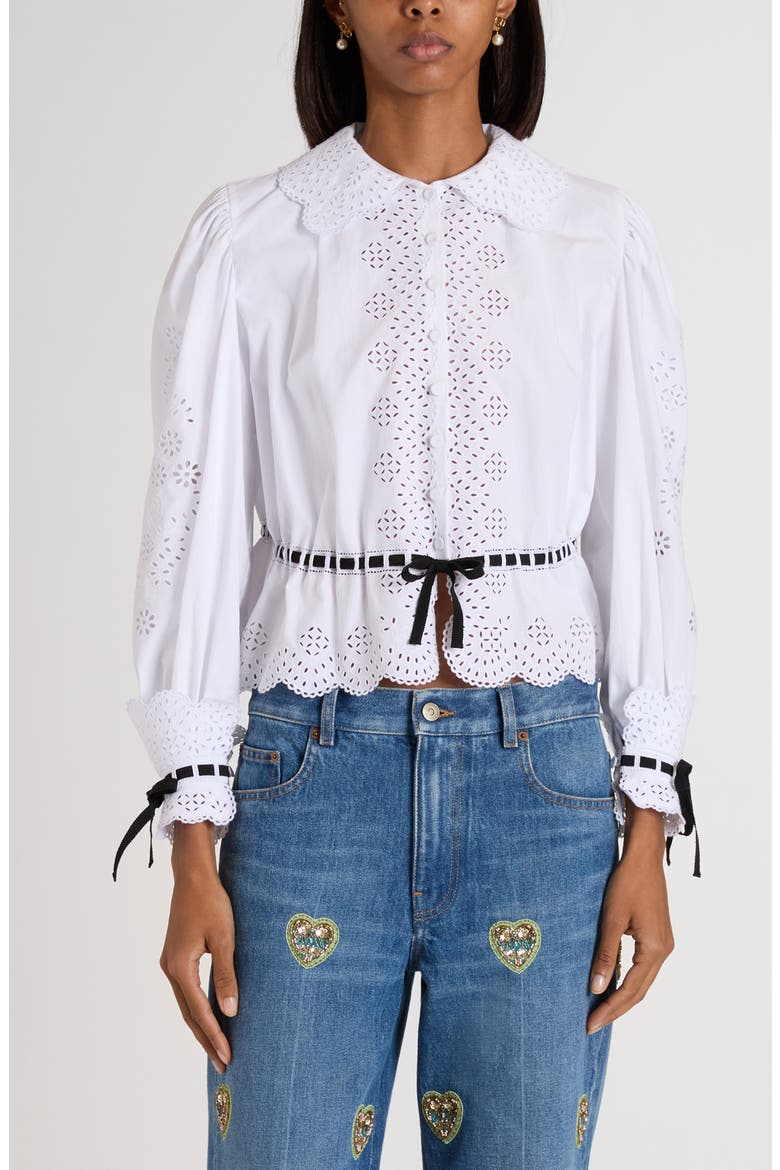Eyelet Embroidered Button-Up Shirt, Main, color, WHITE/ BLACK