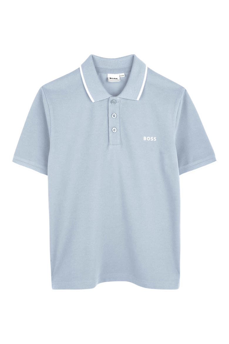 Kids' Tipped Stretch Cotton Piqué Polo, Main, color, PALE BLUE
