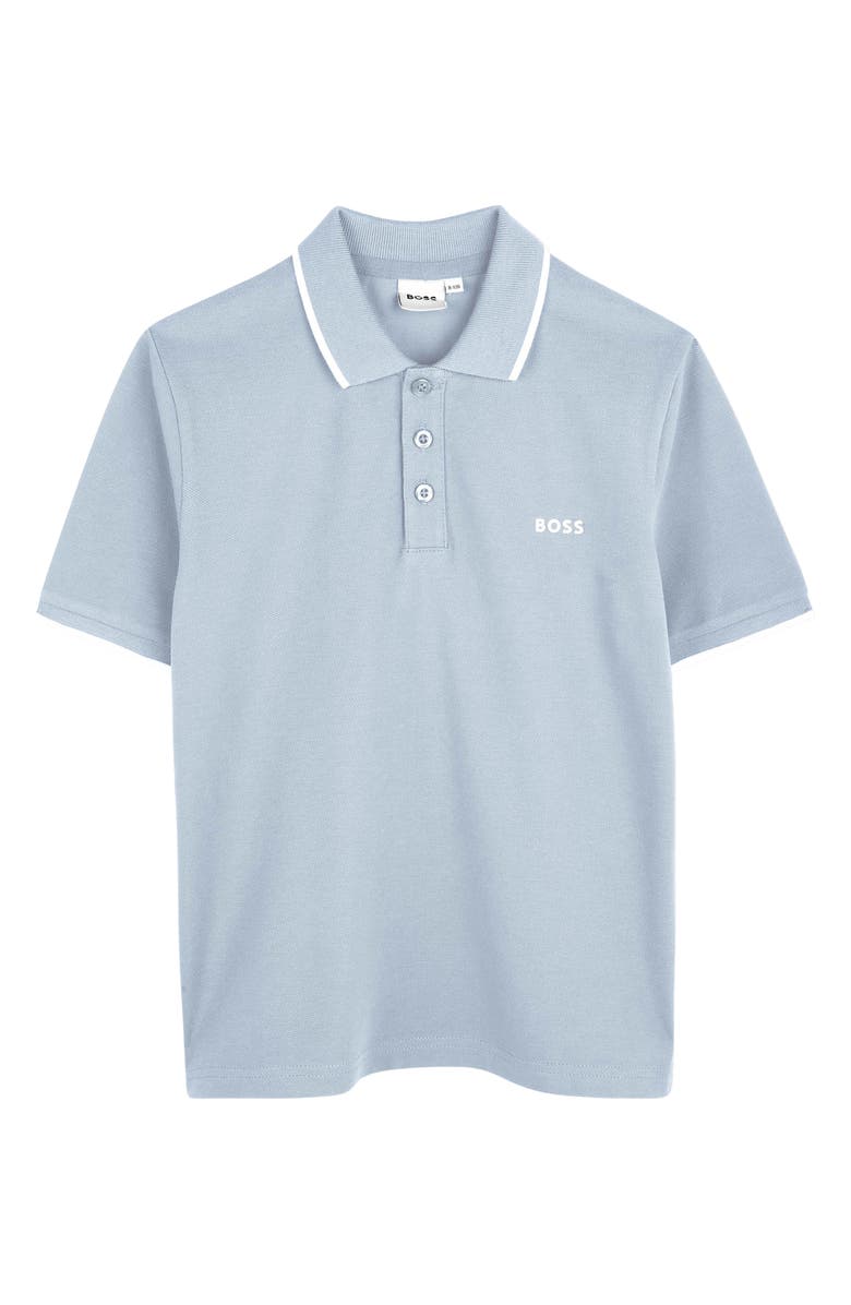 BOSS Kidswear Kids' Tipped Stretch Cotton Piqué Polo, Main, color, Pale Blue