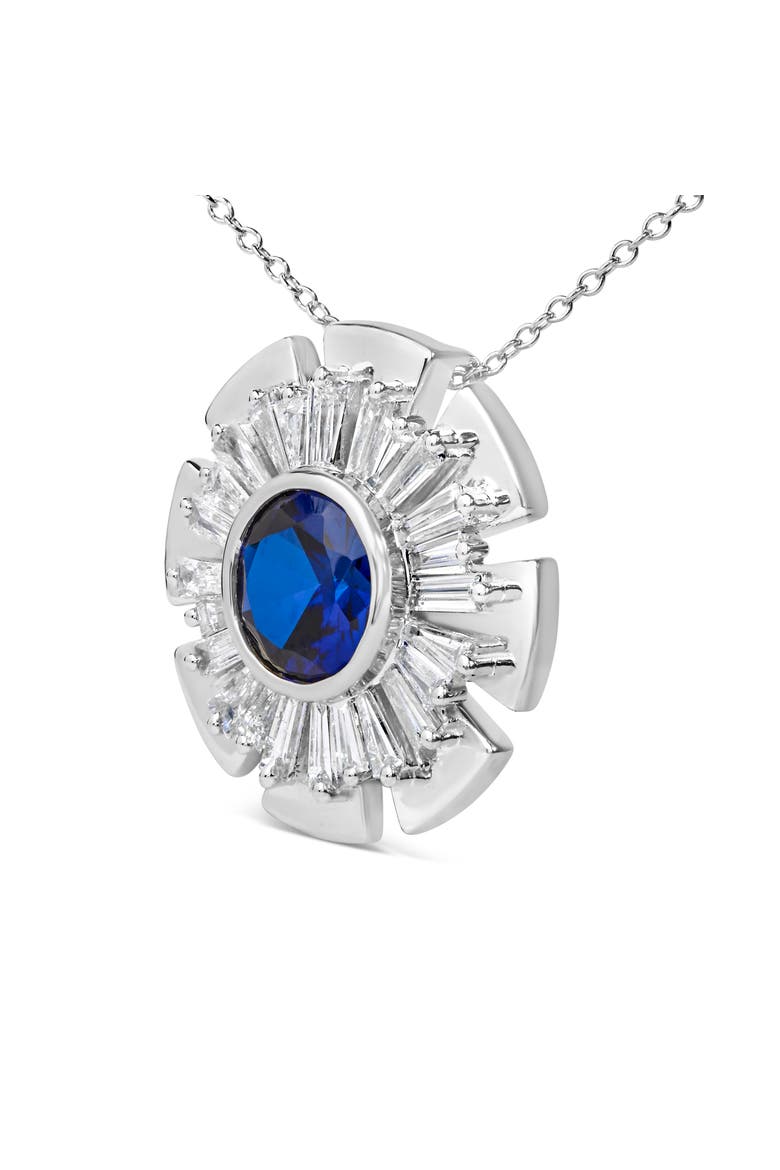 Sterling Silver Lab Grown Blue Sapphire and 1 1/5 Cttw Diamond Sunburst Pendant Necklace, Alternate, color, Silver