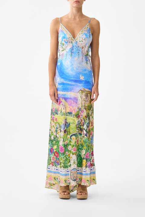 V Neck Bias Slip Dress With Back Frill