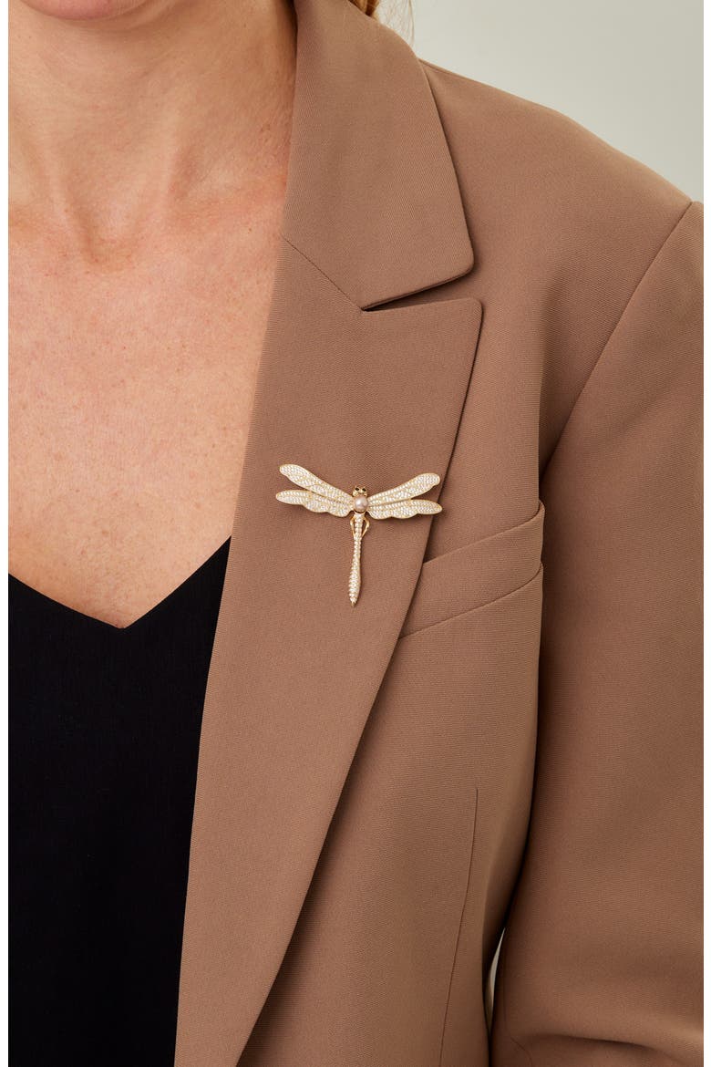 Cubic Zirconia & Imitation Pearl Dragonfly Brooch, Alternate, color, YELLOW