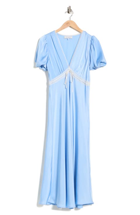 Lace Trim Puff Sleeve Midi Dress