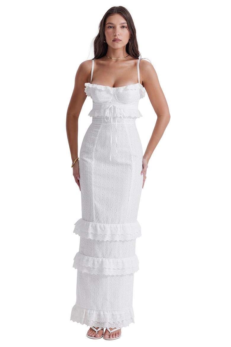 Eve Ruffle Broderie Anglaise Maxi Dress, Alternate, color, WHITE