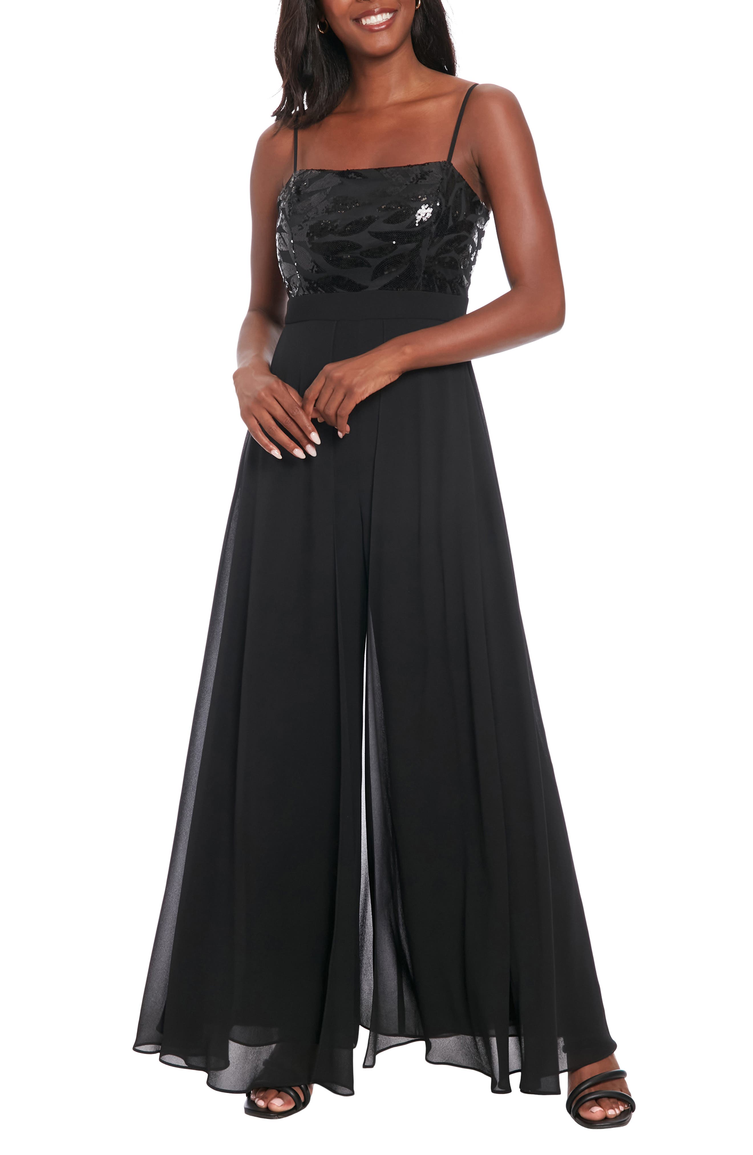 London Times Sequin Leaf Overlay Wide Leg Jumpsuit