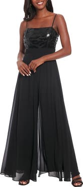 London Times Sequin Leaf Overlay Wide Leg Jumpsuit