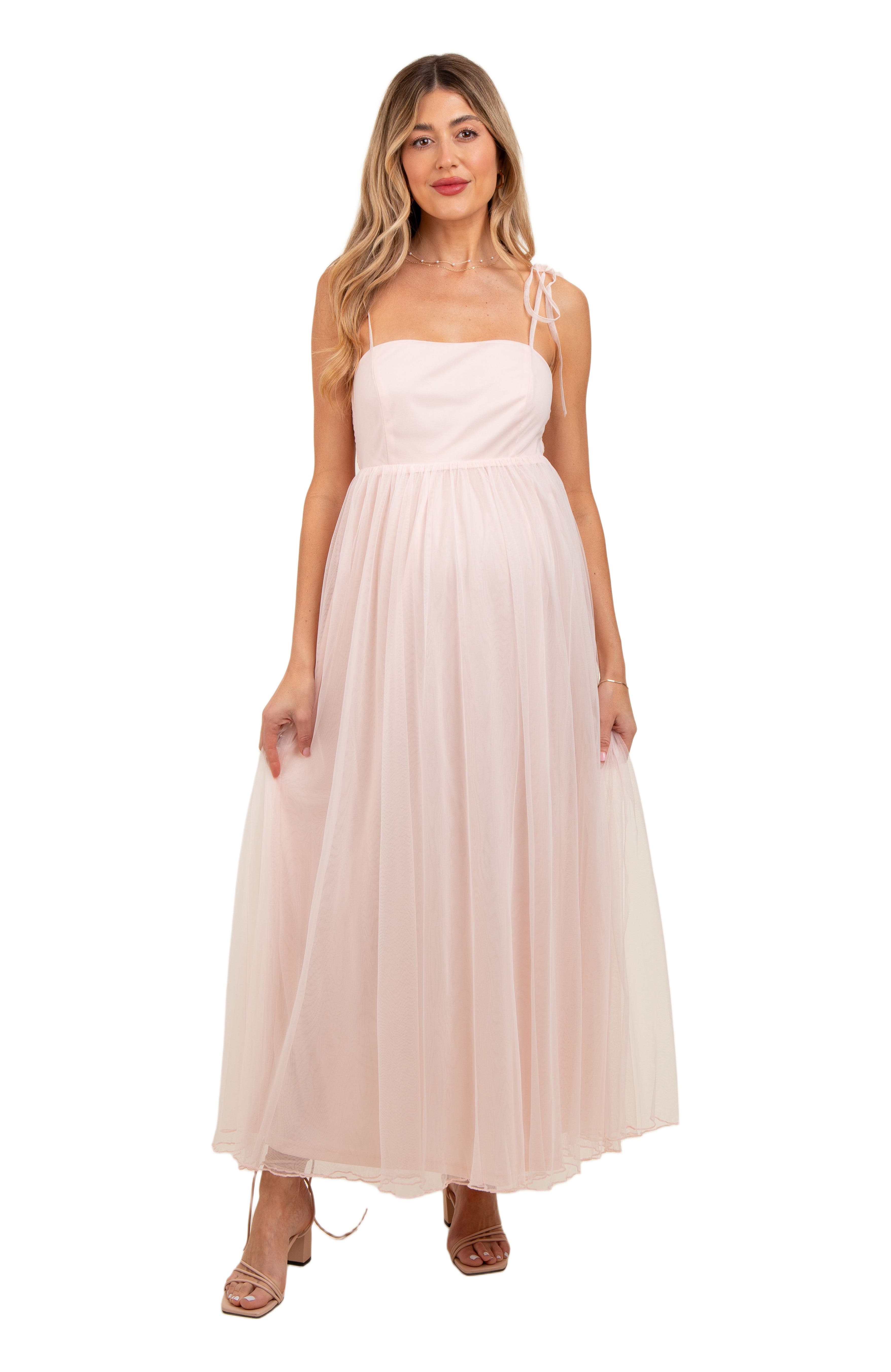 Square Neck Shoulder Tie Tulle Maxi Dress - image 2