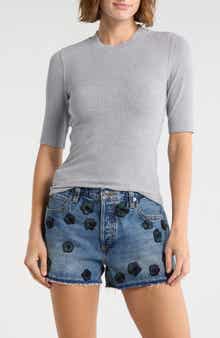 FRAME The Heathered Ribbed Crewneck Crop T-Shirt