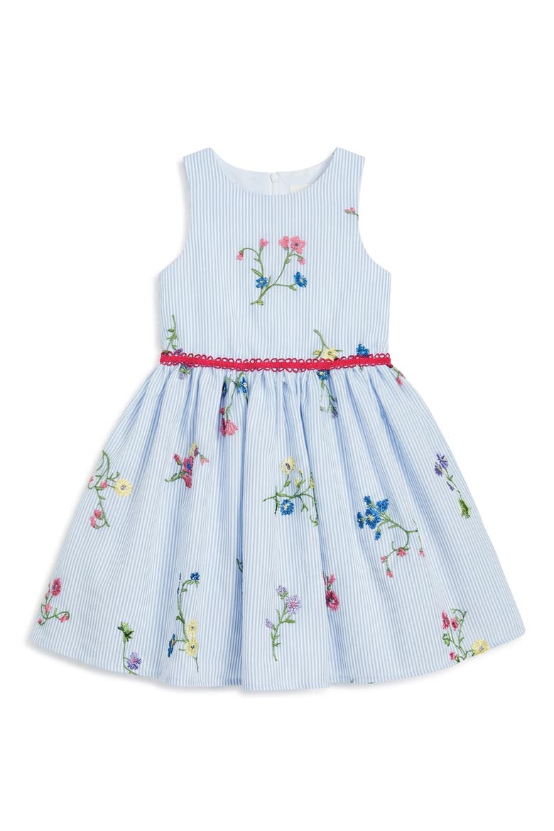 Kids' Floral Embroidered Stripe Party Dress, Main, color, BLUE/ WHITE
