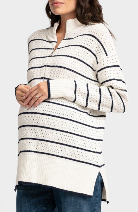 Stripe Half Zip Cotton Maternity Sweater