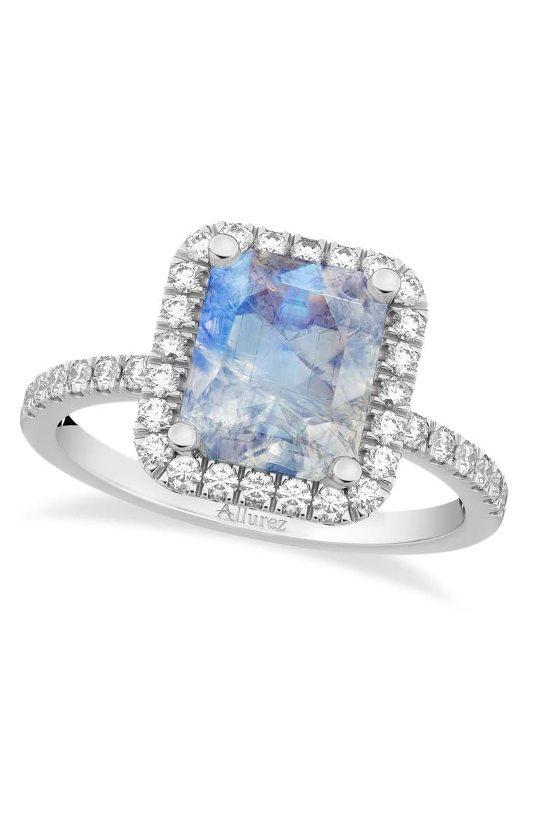Emerald-Cut Lab Moonstone & Diamond Engagement Ring 14k, Main, color, 3.32ct/White Gold
