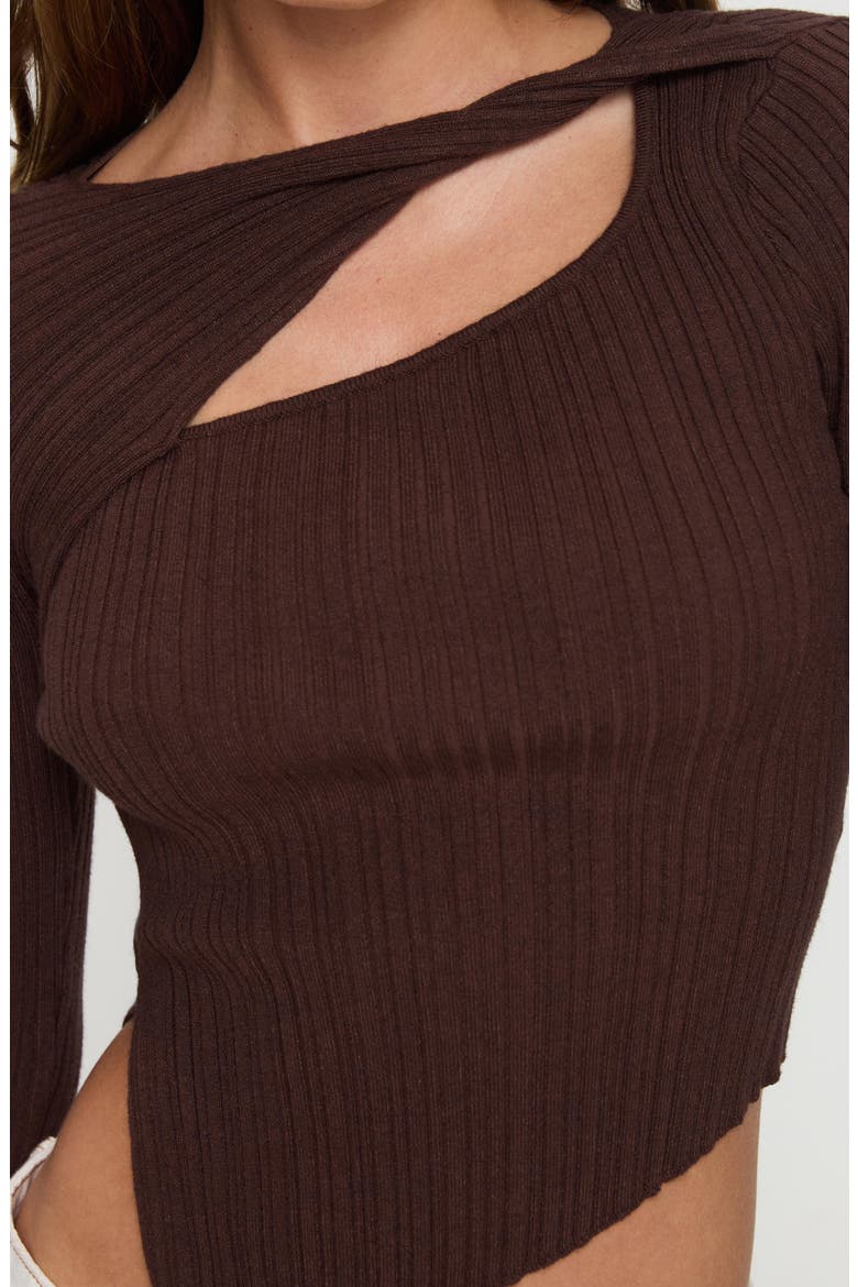 Ellara Cutout Asymmetric Rib Top, Alternate, color, BROWN